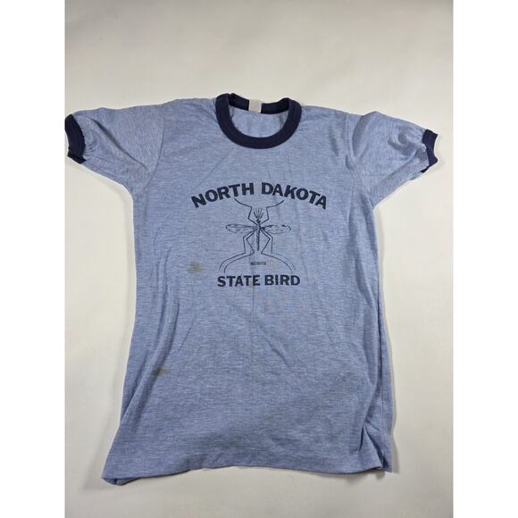 Vintage 70s 80s North Dakota State Bird Mosquito Blue Shirt Small - Picture 1 of 3